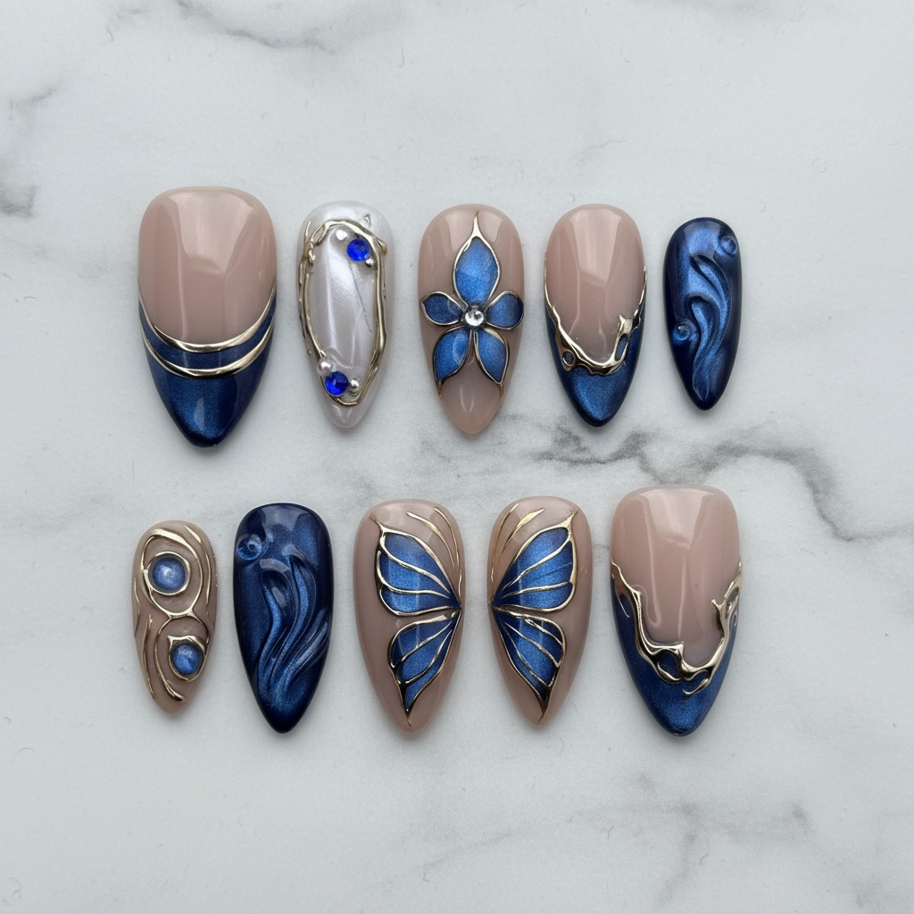 Flat lay top-down view full set 10 royal blue and nude salon-quality press-on nails with gold wire art — LuxepressCo