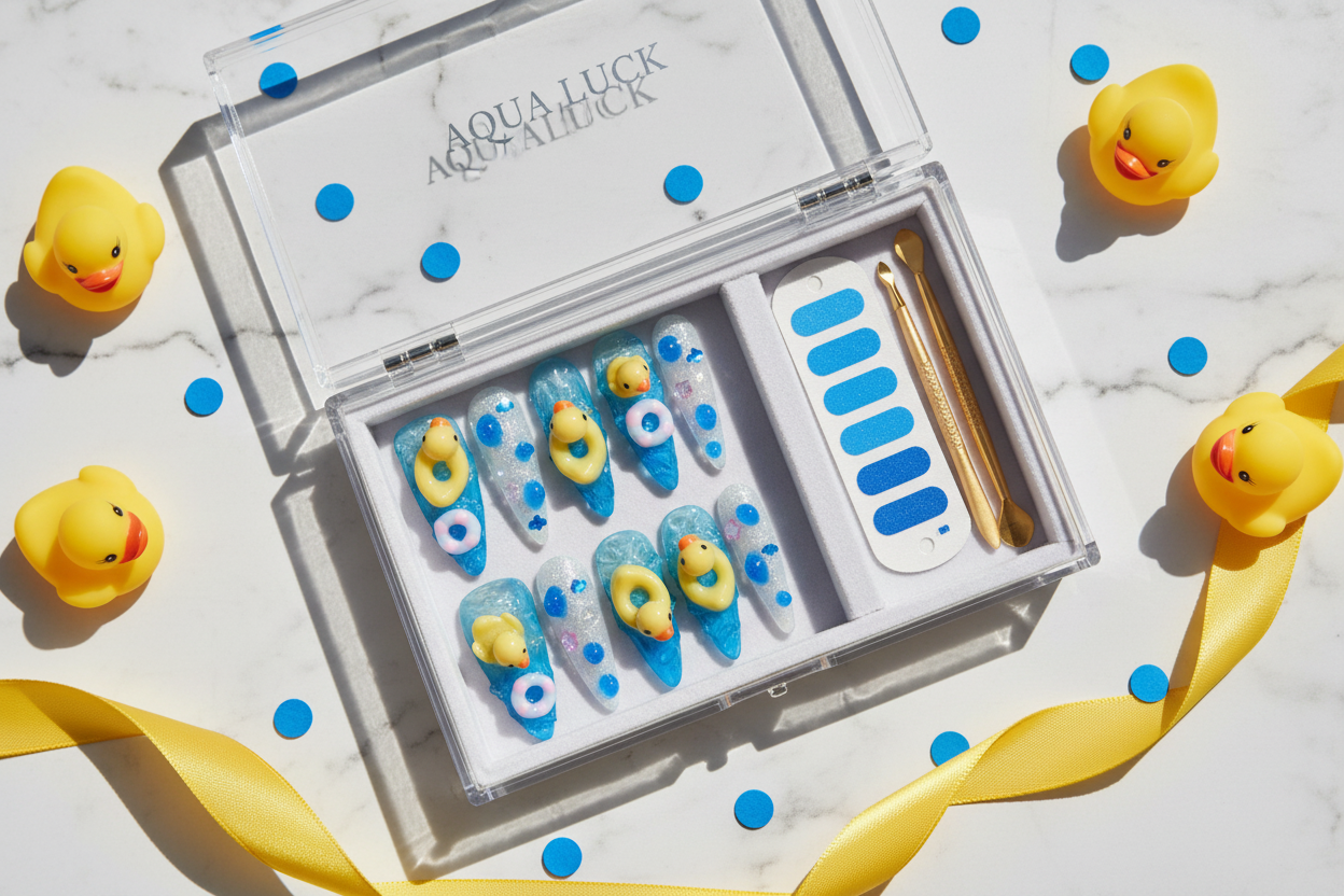 Luxury acrylic box unboxing jelly blue wave 3D rubber duck pool float stiletto custom press-on nails with accessories — LuxepressCo