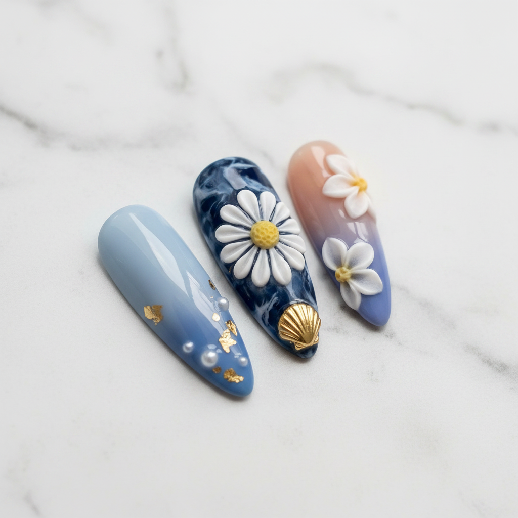 Close-up blue marble swirl 3D daisy gold shell charm custom press-on nails texture detail — LuxepressCo