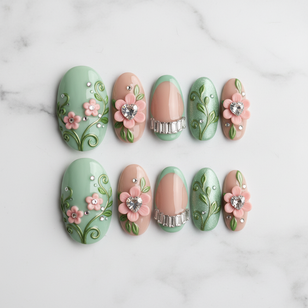 Flat lay top-down full set 10 sage green pink floral rhinestone custom press-on nails — LuxepressCo