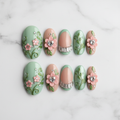 Flat lay top-down full set 10 sage green pink floral rhinestone custom press-on nails — LuxepressCo