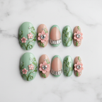 Flat lay top-down full set 10 sage green pink floral rhinestone custom press-on nails — LuxepressCo