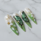 Macro white-to-green ombre 3D floral gold foil stiletto custom press-on nails glossy texture — LuxepressCo