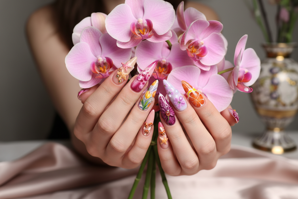 Fair-skin hands wearing orchid tulip maximalist stiletto purple pink flower custom press-on nails holding pink orchids — LuxepressCo