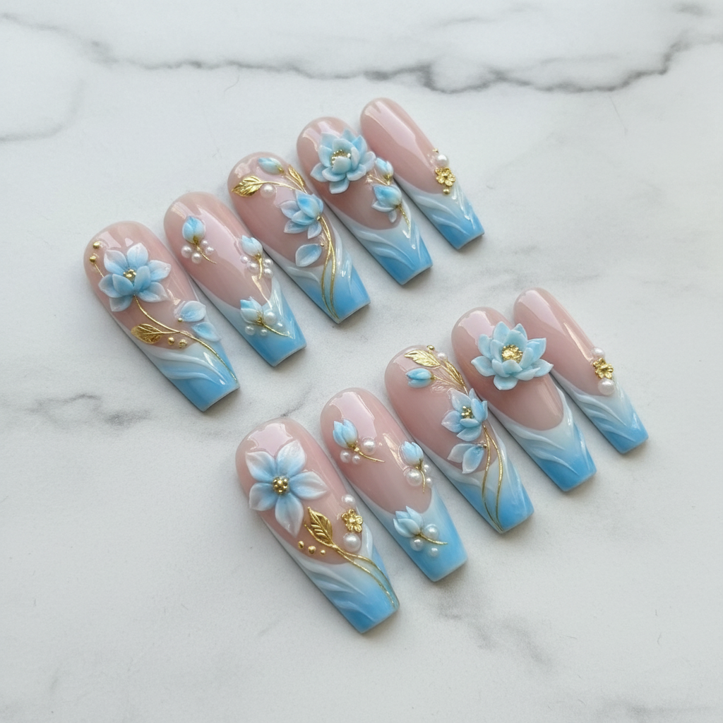 3D blue floral coffin press-on nails full set on marble background custom press-on nails — LuxepressCo