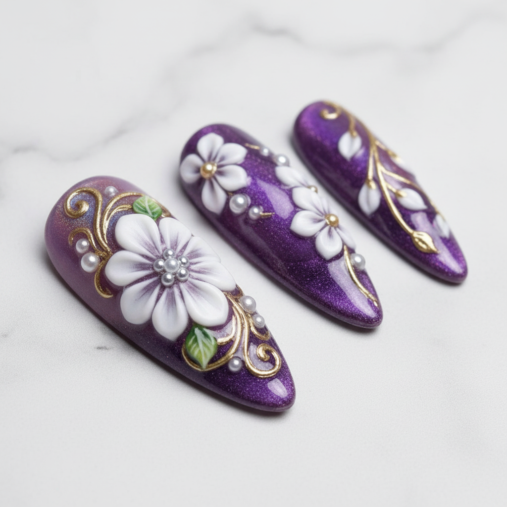 Macro close-up gold swirl vine art white floral painting pearl dots purple holographic press-on nails glossy finish — LuxepressCo