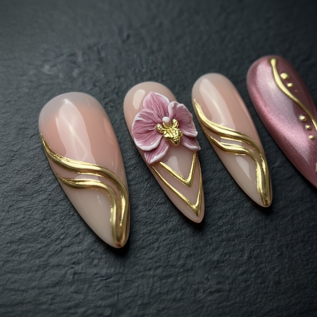 Macro close-up 3D orchid flower gold chevron custom press-on nails dramatic lighting — LuxepressCo