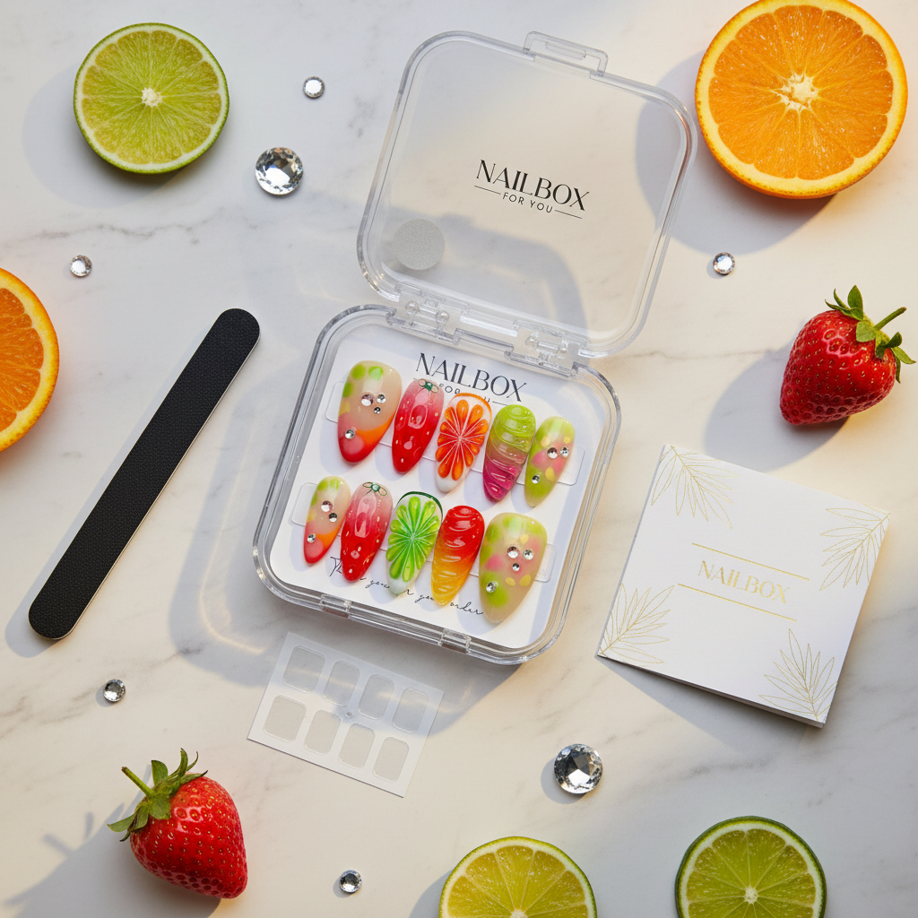 Luxury unboxing acrylic nail box fiesta fruit jelly press-on nails with lime orange strawberry crystal rhinestone props — LuxepressCo