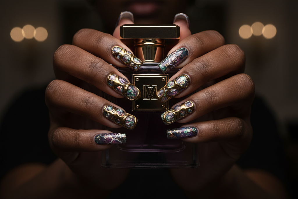 Dark-skin hands wearing galaxy gold chrome reusable press-on nails holding dark purple gold perfume bottle — LuxepressCo