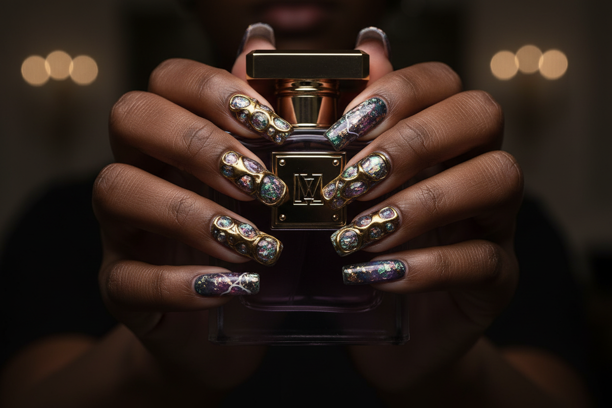 Dark-skin hands wearing galaxy gold chrome reusable press-on nails holding dark purple gold perfume bottle — LuxepressCo