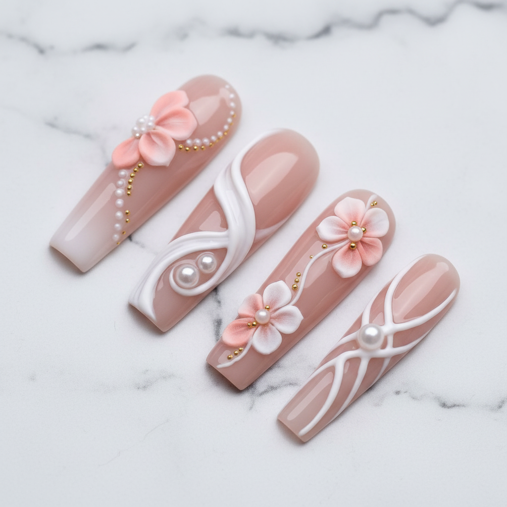 Macro close-up white marble swirl and 3D crosshatch ribbon pearl custom press-on nails glossy texture — LuxepressCo