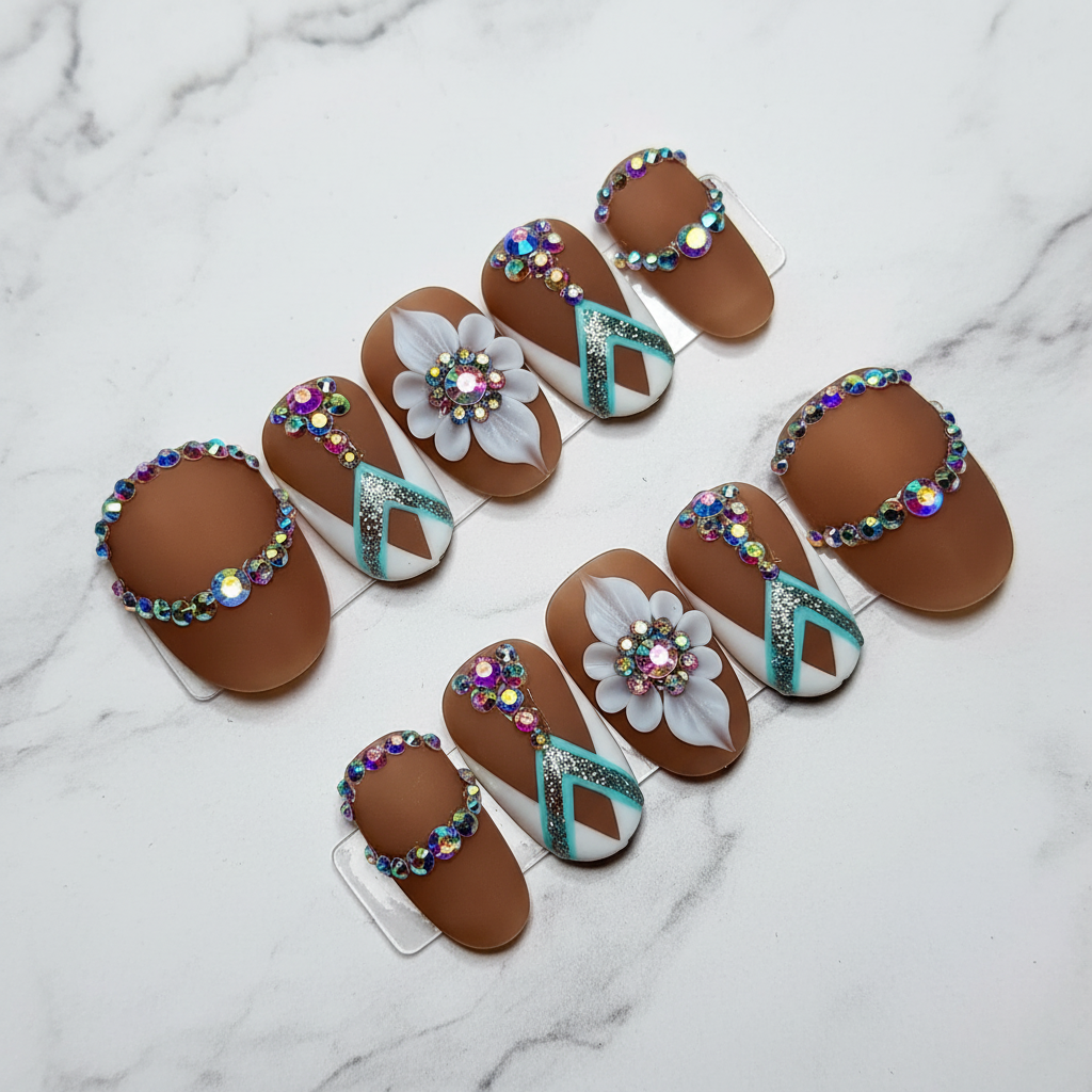 Full set brown matte rhinestone 3D floral press-on nails on white marble studio light custom press-on nails — LuxepressCo