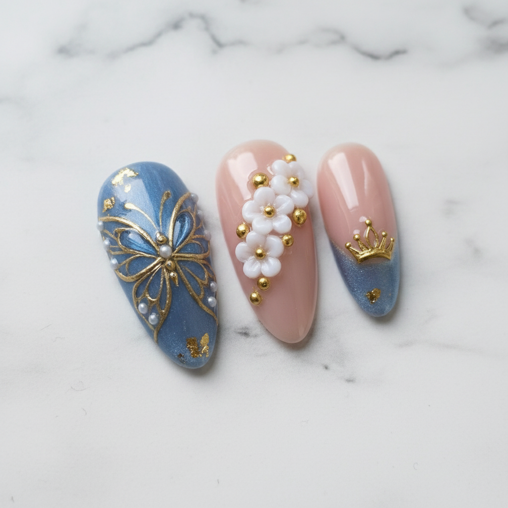 Close-up nude blush gold crown floral vine pearl custom press-on nails glossy texture — LuxepressCo