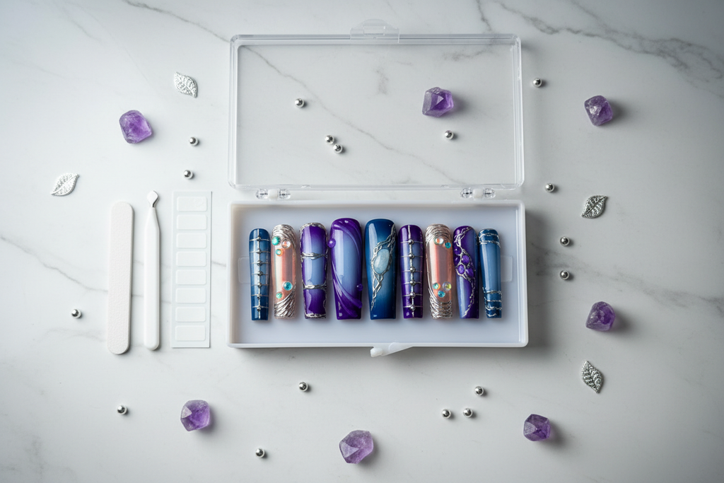 Luxury unboxing acrylic box blue purple ombre silver wire aurora press-on nails with accessories — LuxepressCo
