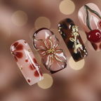 Macro close-up 3D gold flower charm cherry motif salon-quality press-on nails brown ombré — LuxepressCo