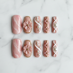 Flat lay top-down full set 10 luxury 3D pearl blossom marble press-on nails white marble background — LuxepressCo
