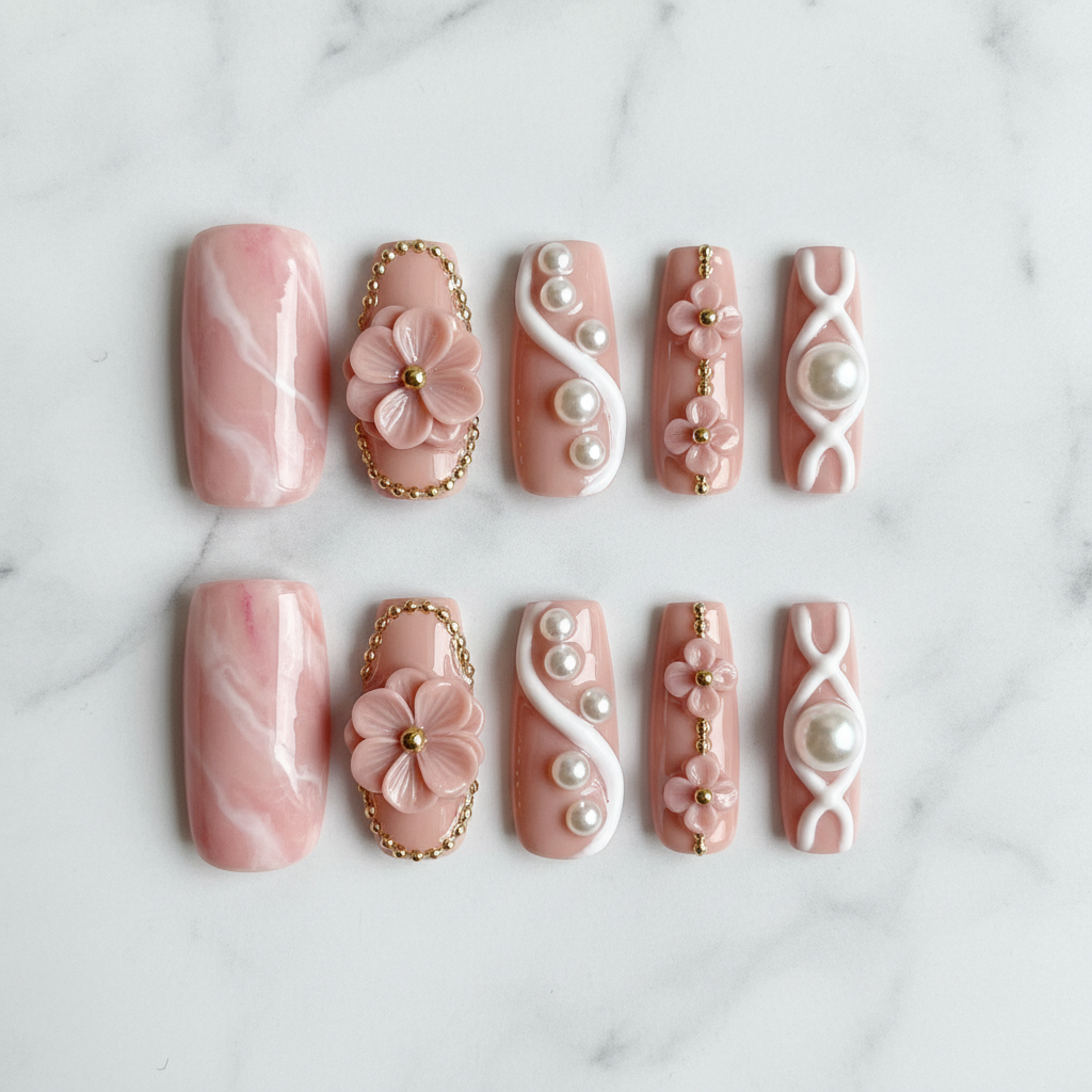 Flat lay top-down full set 10 luxury 3D pearl blossom marble press-on nails white marble background — LuxepressCo