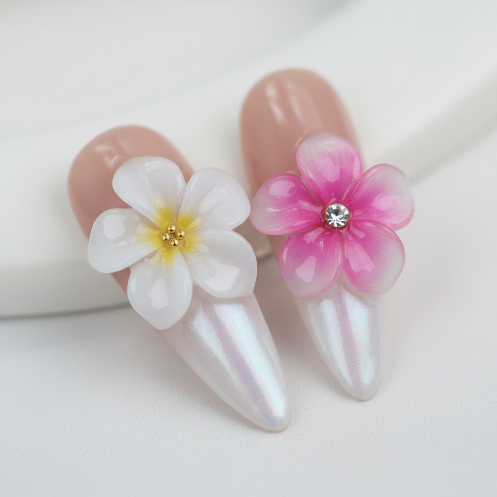 Macro close-up nude aurora mother-of-pearl shimmer 3D white pink plumeria crystal salon-quality almond press-on nails — LuxepressCo