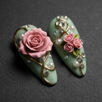 Macro close-up 3D pink rose and gold vine custom press-on nails sage green — LuxepressCo