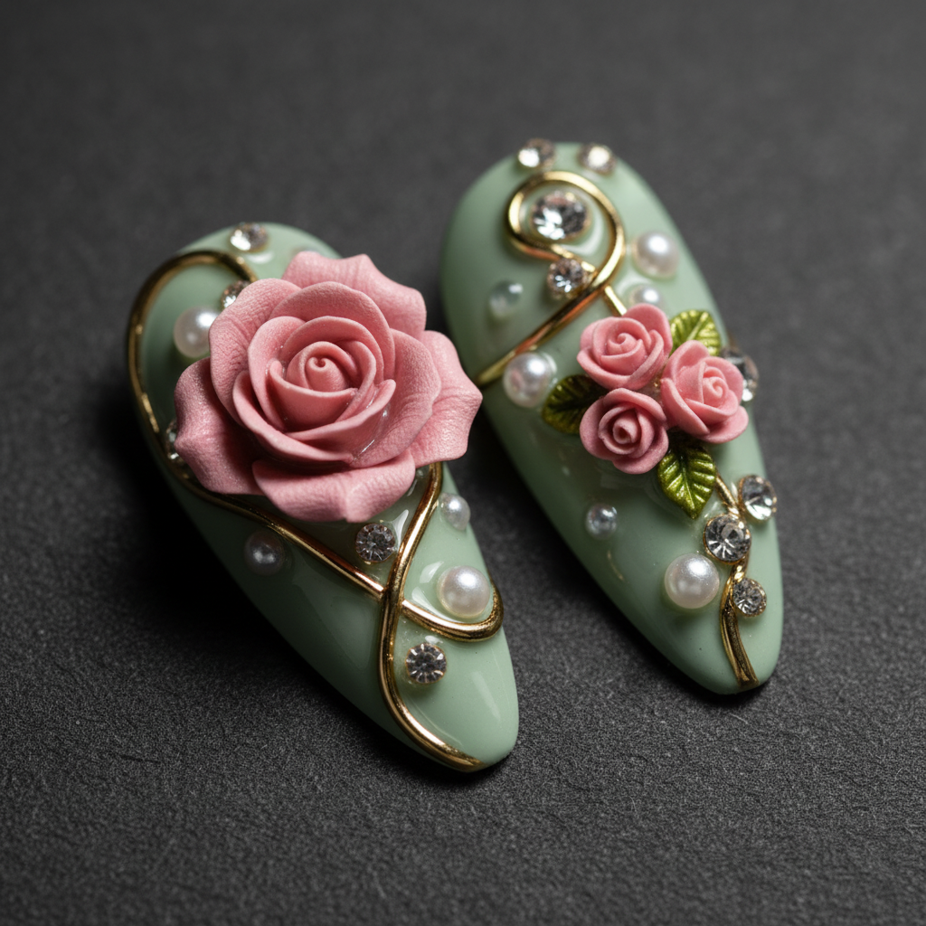 Macro close-up 3D pink rose and gold vine custom press-on nails sage green — LuxepressCo