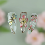Macro close-up 3D iridescent dragonfly charm pink tulip gold frame chrome drip salon-quality press-on nails sage green — LuxepressCo