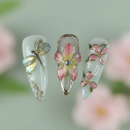 Macro close-up 3D iridescent dragonfly charm pink tulip gold frame chrome drip salon-quality press-on nails sage green — LuxepressCo