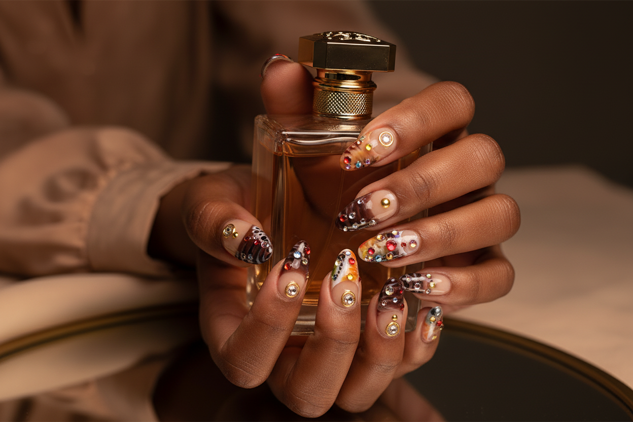 Dark-skin hands wearing nude tortoiseshell reusable press-on nails holding amber-gold perfume bottle — LuxepressCo