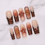 Full set 10 chocolate ombre rose gold chrome foil 3D flower coffin custom press-on nails on marble — LuxepressCo