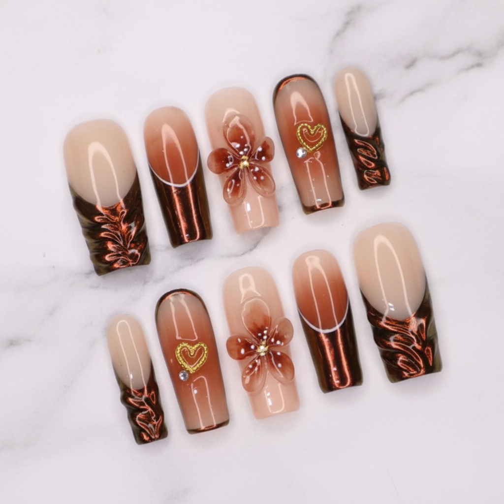 Full set 10 chocolate ombre rose gold chrome foil 3D flower coffin custom press-on nails on marble — LuxepressCo