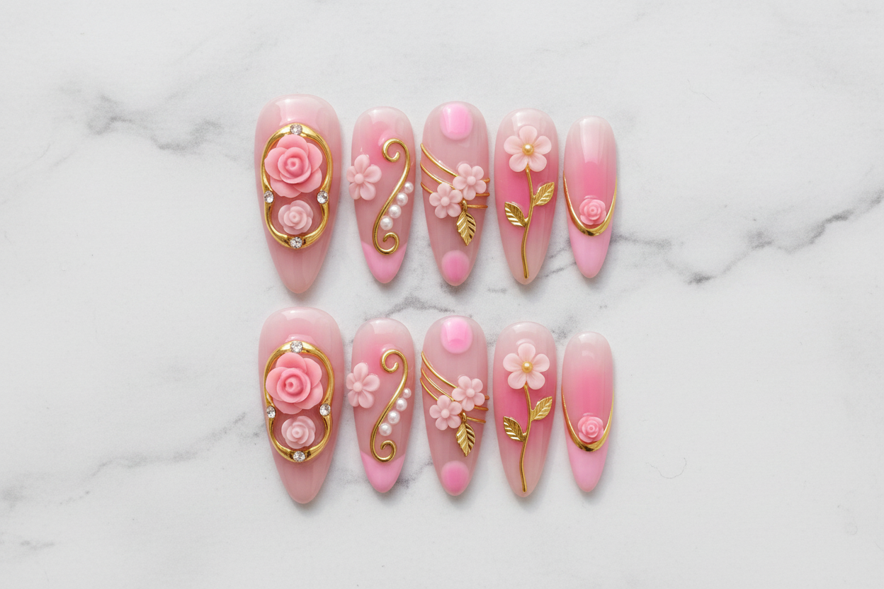 Flat lay top-down 10 pink 3D rose gold almond press-on nails arranged symmetrically studio lighting — LuxepressCo