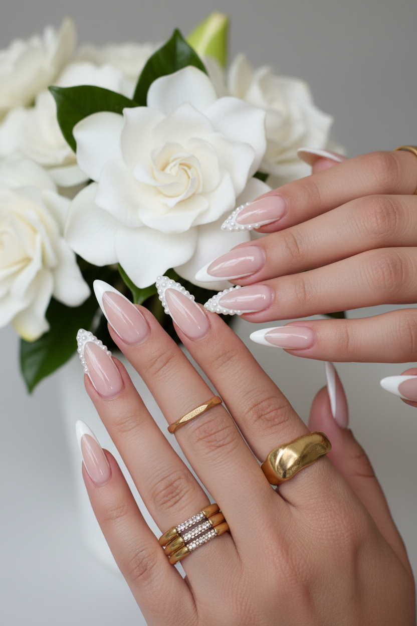 Light-skin hands holding white gardenia wearing nude blush pearl rhinestone French tip custom press-on nails — LuxepressCo