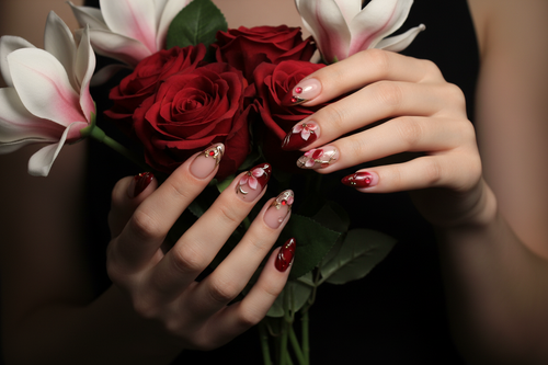 Light skin hands holding deep red roses white magnolia wearing red magnolia custom press-on nails — LuxepressCo