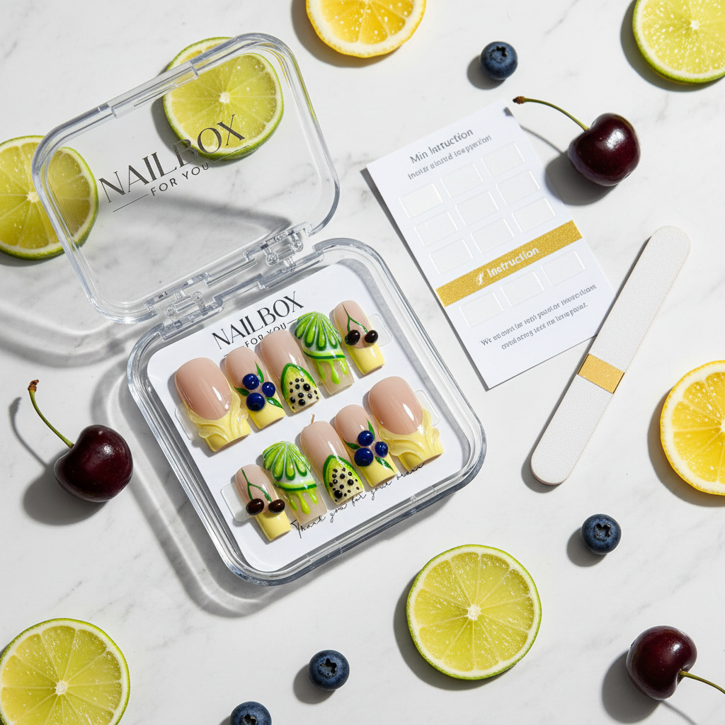 Luxury unboxing acrylic nail box citrus French garden square press-on nails with lime cherry blueberry lemon props — LuxepressCo
