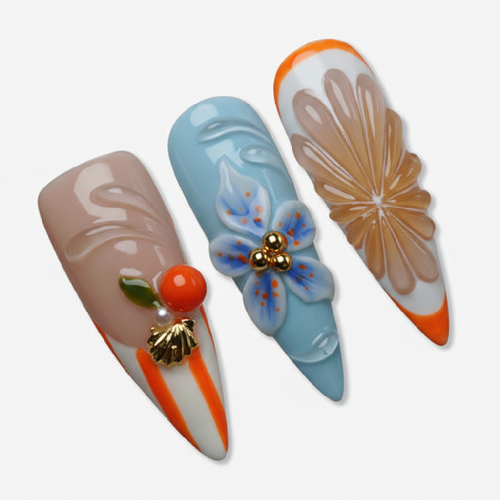 Macro close-up sky blue embossed chrysanthemum 3D orange cherry cluster gold bee charm salon-quality stiletto press-on nails — LuxepressCo