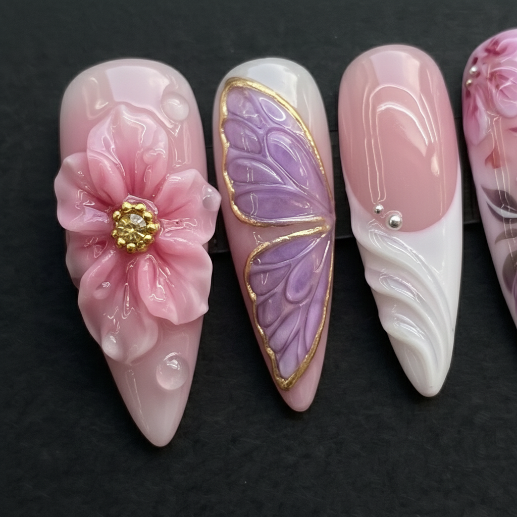 Macro close-up 3D sculpted pink flower and purple butterfly wing custom press-on nails gold foil — LuxepressCo