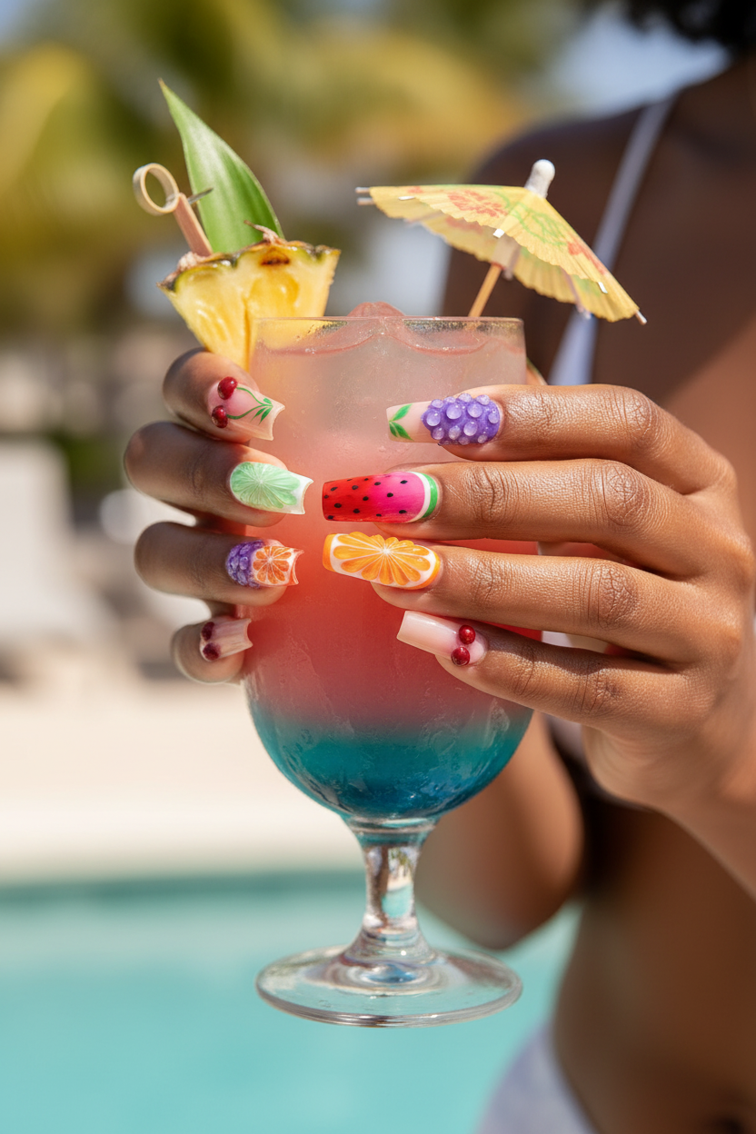 Dark skin hands wearing colorful mixed fruit custom press-on nails holding tropical cocktail — LuxepressCo