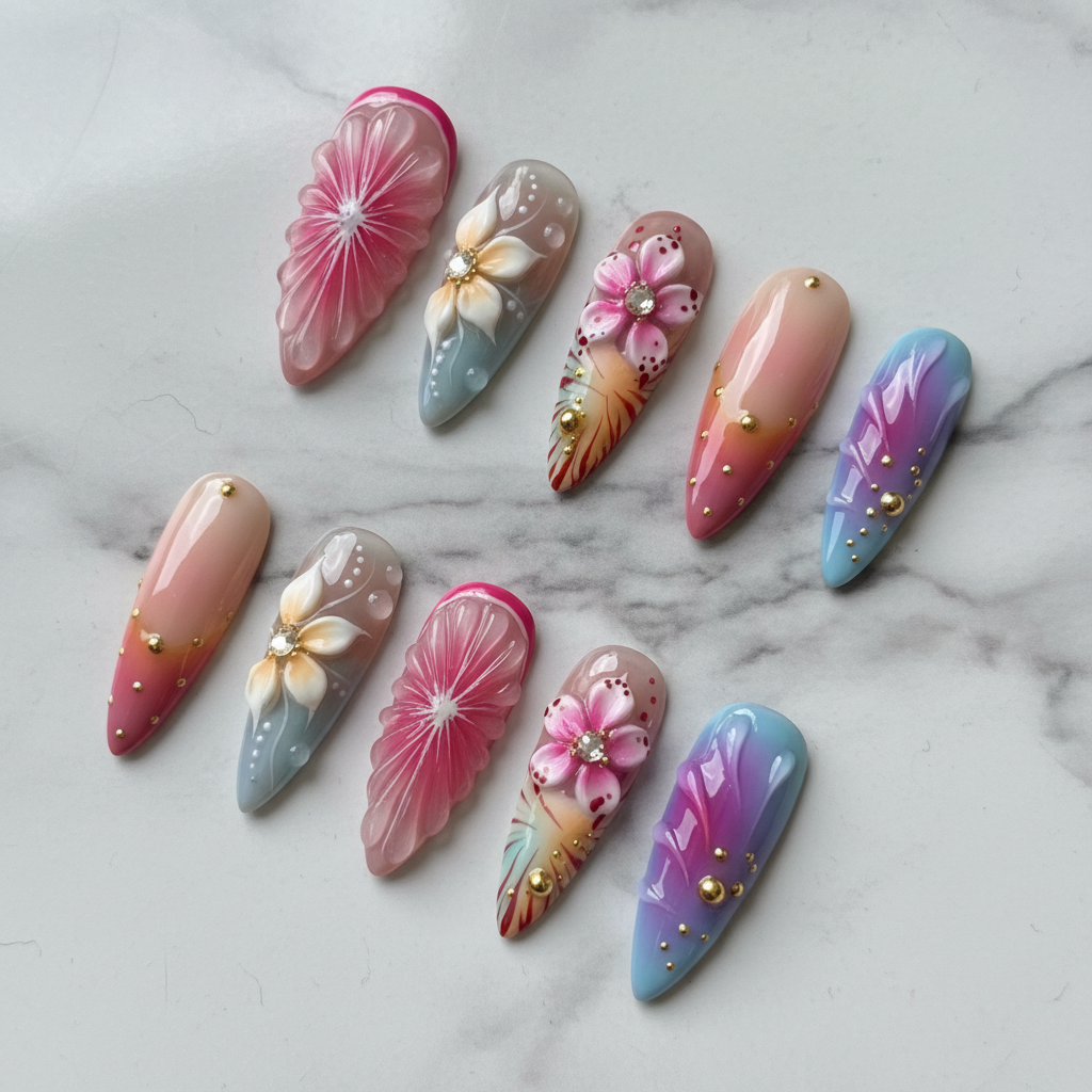 Full set 10 3D floral custom press-on nails white marble background studio light — LuxepressCo
