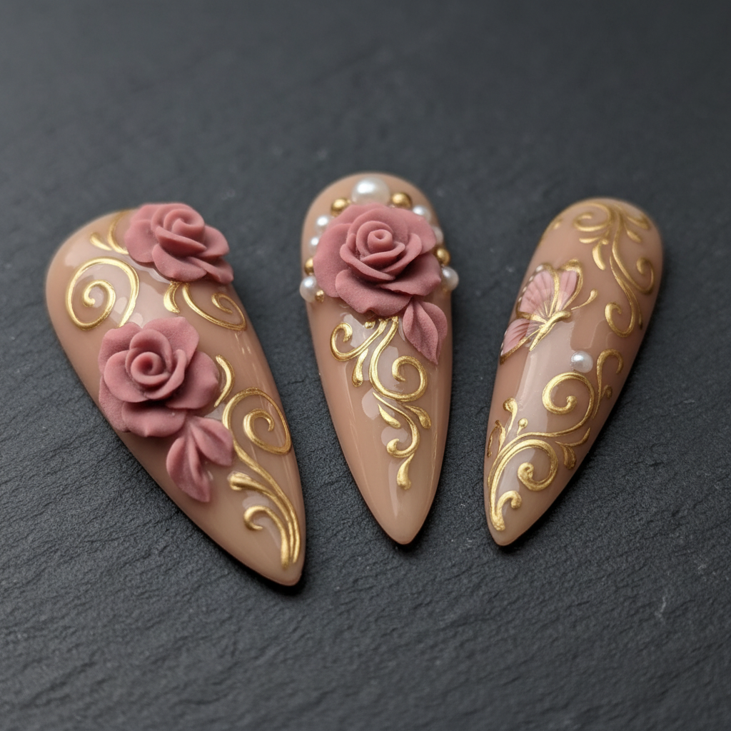 Macro close-up 3D sculpted pink rose butterfly gold filigree custom press-on nails dramatic lighting — LuxepressCo