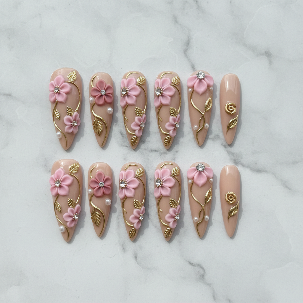Flat lay top-down full set 10 custom press-on nails 3D pink floral gold pearl rhinestone — LuxepressCo