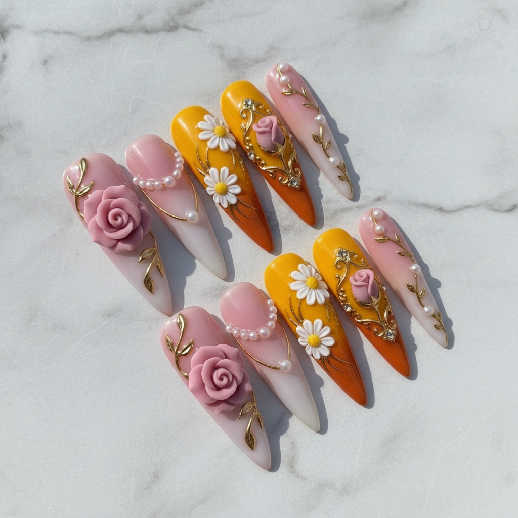 Studio hero shot full set 10 stiletto 3D floral rose daisy custom press-on nails white marble background — LuxepressCo