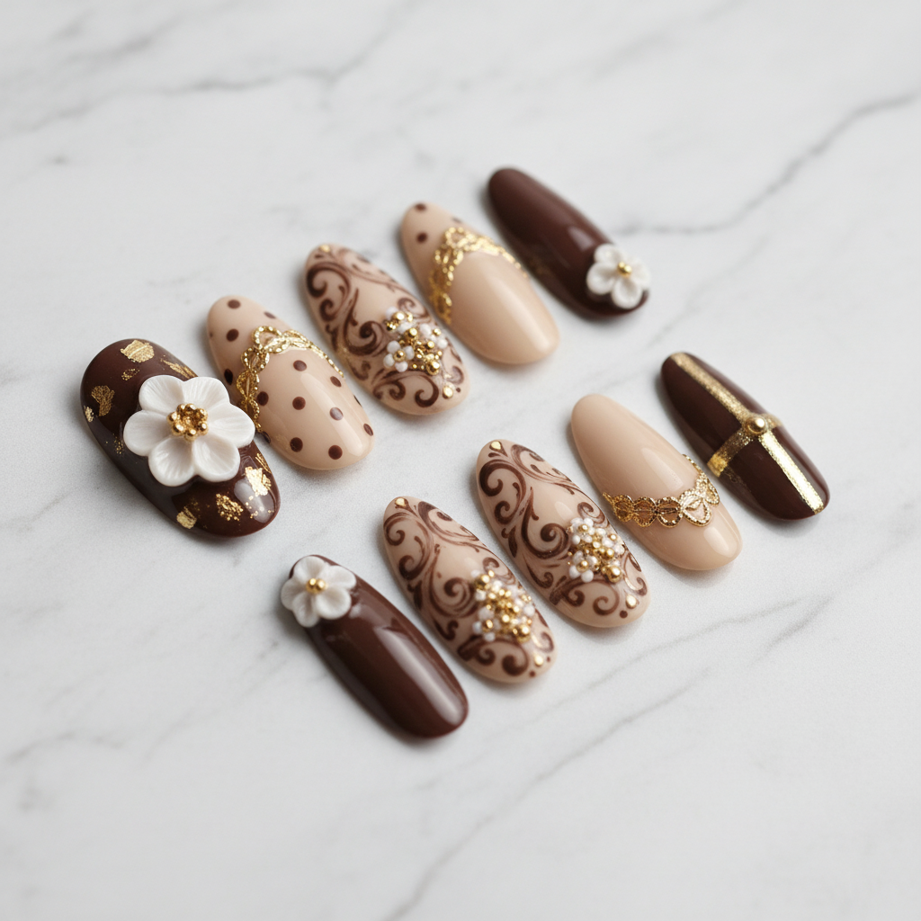 Full set 10 chocolate brown and cream baroque 3D floral custom press-on nails on marble background — LuxepressCo