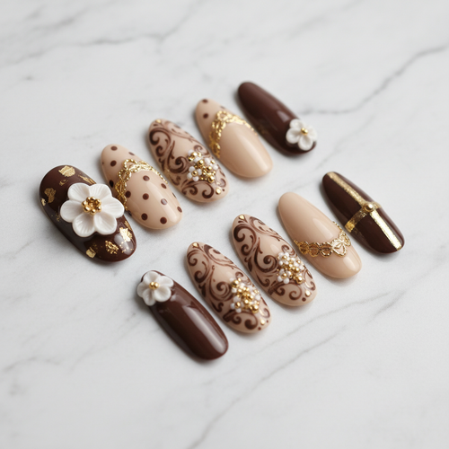 Full set 10 chocolate brown and cream baroque 3D floral custom press-on nails on marble background — LuxepressCo