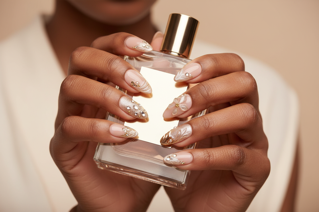 Dark skin hands holding champagne gold perfume wearing champagne pearl custom press-on nails nude bridal — LuxepressCo