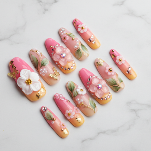 Hero studio shot full set 10 3D floral garden custom press-on nails pink yellow orange ombre stiletto — LuxepressCo