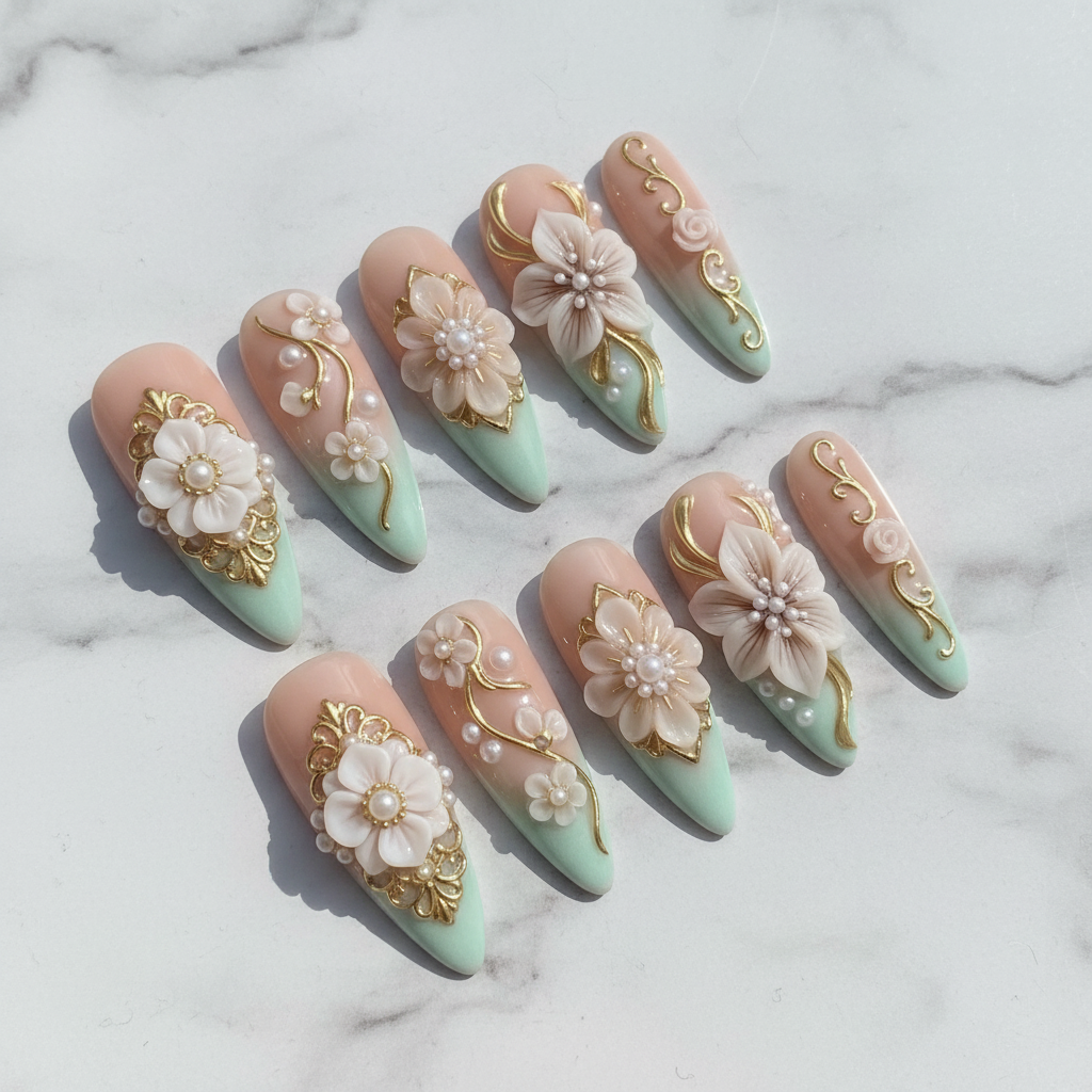 Full set 10 3D floral pearl gold filigree custom press-on nails mint ombre stiletto studio hero shot — LuxepressCo