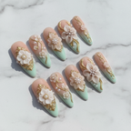 Full set 10 3D floral pearl gold filigree custom press-on nails mint ombre stiletto studio hero shot — LuxepressCo