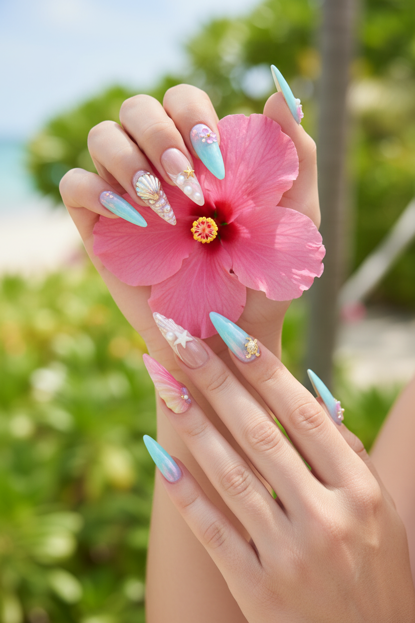 Light-skin hands holding pink hibiscus wearing pastel ocean jelly glass 3D floral sea charm custom press-on nails — LuxepressCo