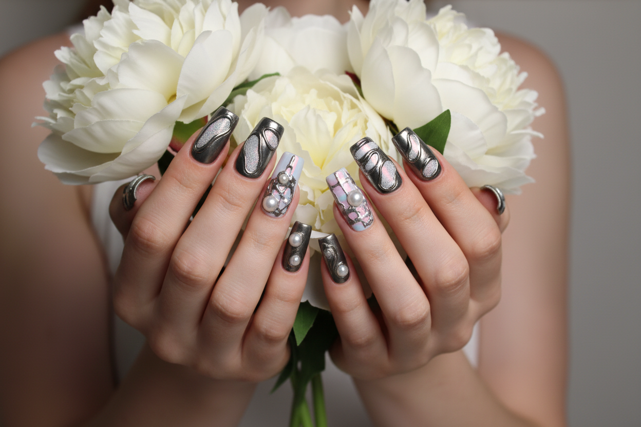 Fair-skin hands wearing silver chrome liquid metal holographic plaid custom press-on nails holding white peonies — LuxepressCo
