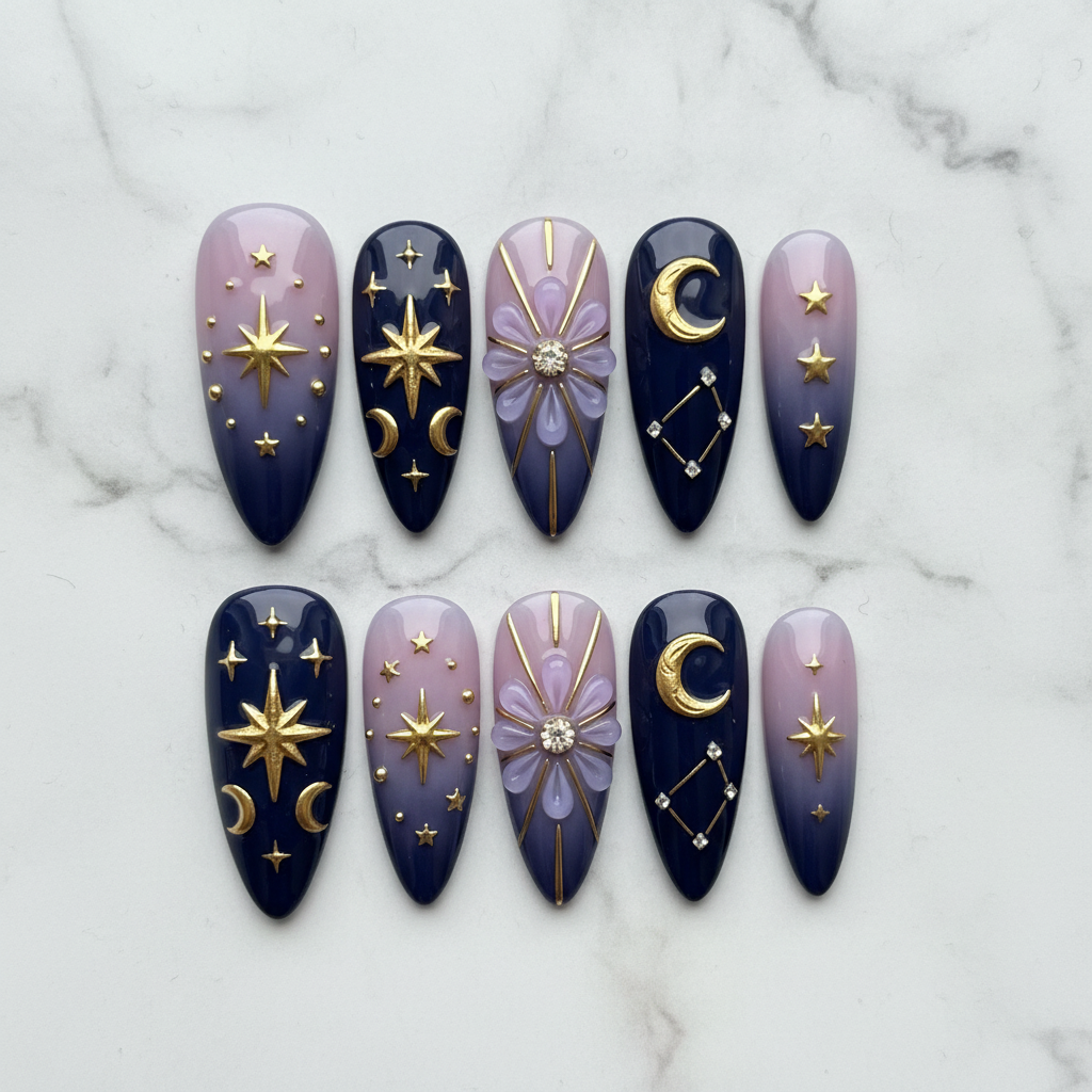 Flat lay top-down full set 10 celestial galaxy press-on nails white marble studio — LuxepressCo