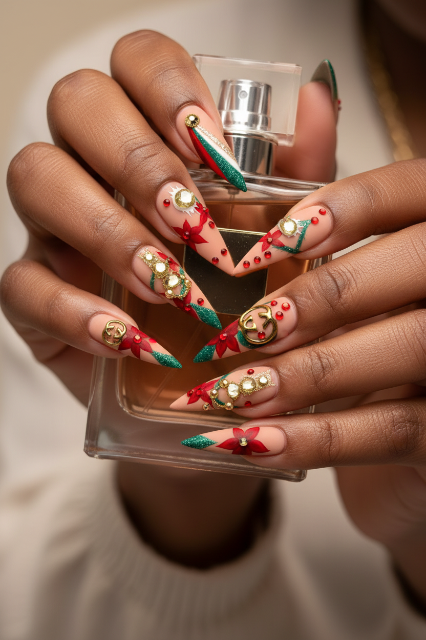 Dark-skin lifestyle custom press-on nails Christmas poinsettia red green gold stiletto holding perfume — LuxepressCo